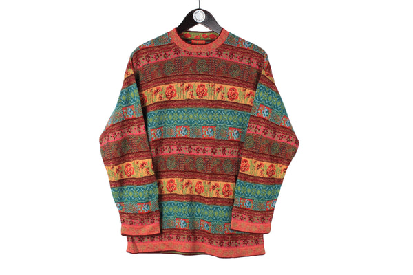 Vintage Kenzo Sweater Women's Large size oversize knitted wear bright multicolor read orange 90's retro wool pullover bright pattern flowers made in Italy Jungle 