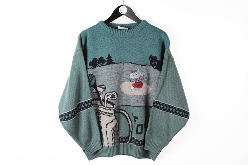 Vintage Golf Sweater Medium elephant green big logo embroidery 90s 80s winter jumper
