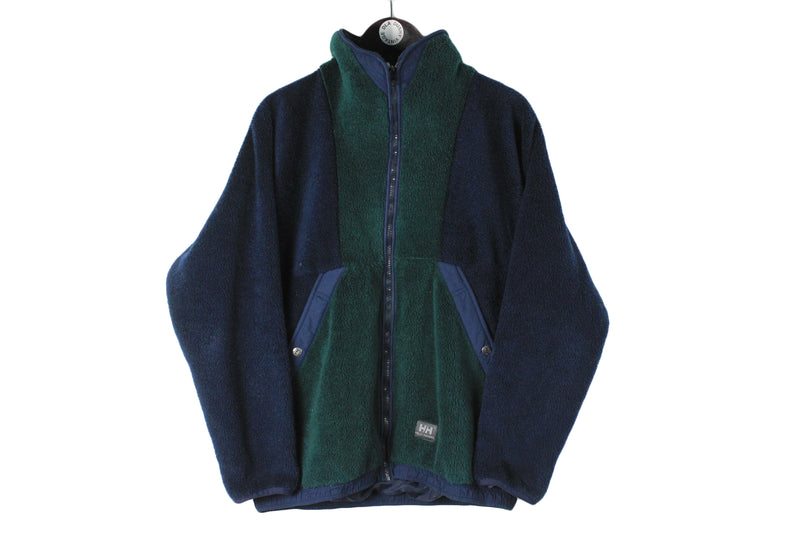 Vintage Helly Hansen Fleece Medium size men's unisex oversize blue green full zip winter sweater ski mpuntain outdoor classic jacket 90's warm shirt