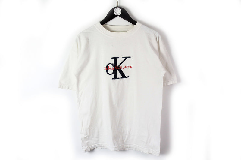 Vintage Calvin Klein Jeans Bootleg T-Shirt Small white big logo 90s sport style cotton retro wear CK