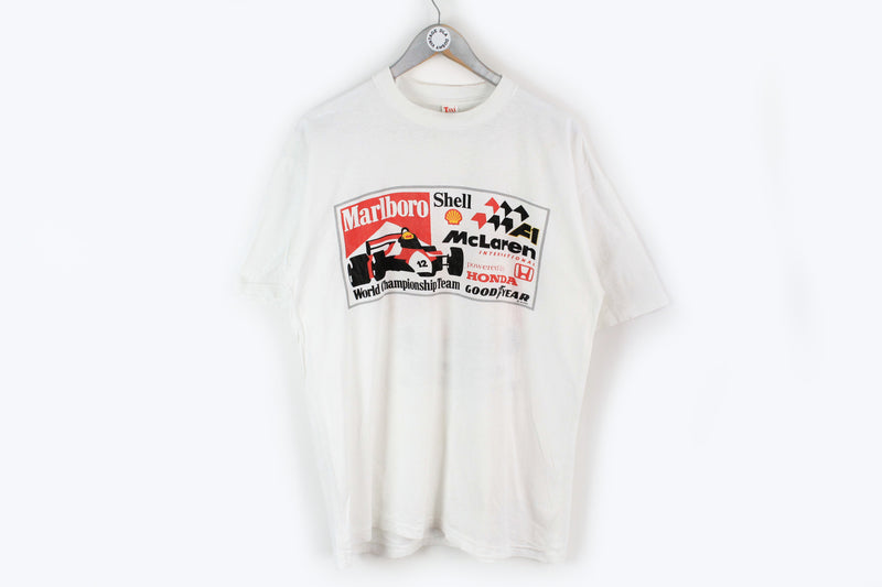 Vintage Marlboro F1 T-Shirt XXLarge white big logo mclaren Formula 1 F1 Honda championship