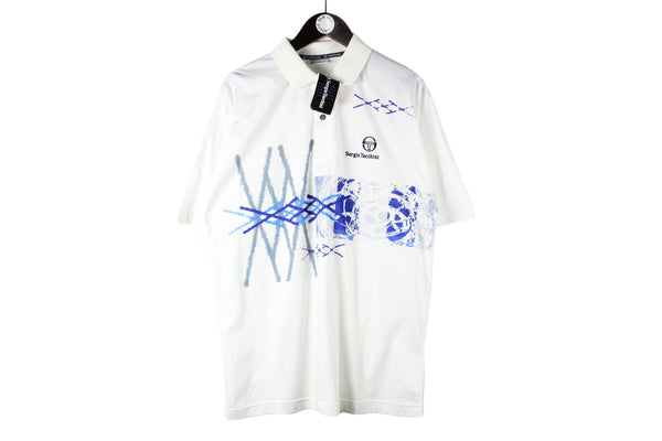 Vintage Sergio Tacchini NWT Polo T-Shirt XLarge white abstract pattern cotton big logo tennis sport shirt 90s made in Italy