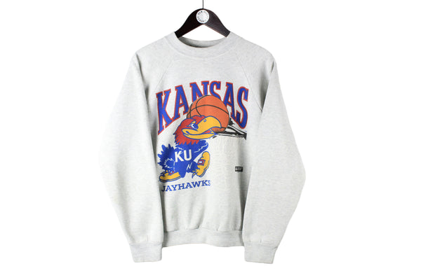 Vintage Jayhawks Kansas University Sweatshirt Small gray big logo basketball crewneck 90s sport college jumper