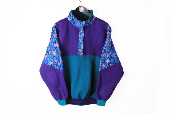 Vintage Fleece Snap Buttons Medium multicolor crazy floral pattern purple green 90s ski style cozy sweater