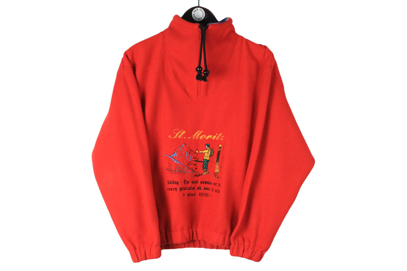 Vintage Fleece Small size men's unisex oversize winter sweatshirt bright big logo extreme ski mountain outdoor wear 90's 80's style red pullover