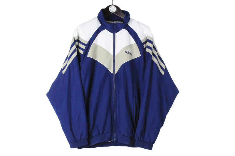 Vintage Adidas Track Jacket Large size men's blue white full zip windbreaker sport style athletic authentic 90's 80's clothing training fitness 3 strips brand