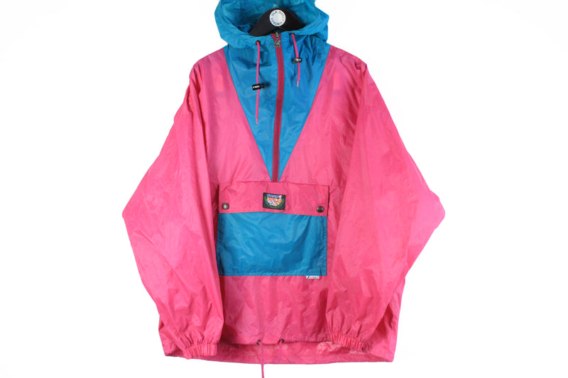 Vintage K-Way Jacket Large pink blue anorak 90s retro style raincoat windbreaker pocket light wear
