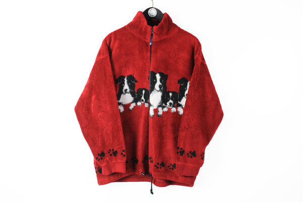 Vintage Fleece Full Zip Medium red puppies 90s winter cozy soft sweater