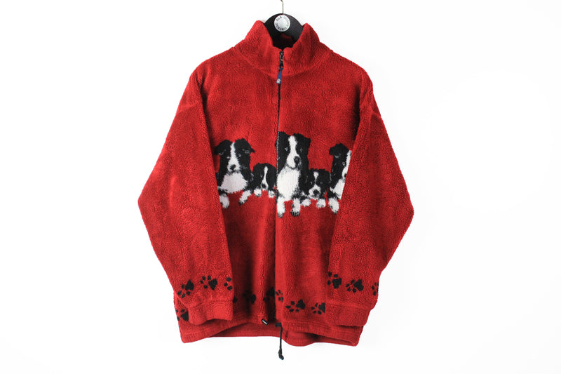 Vintage Fleece Full Zip Medium red puppies 90s winter cozy soft sweater