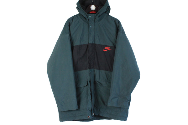 Vintage Nike Jacket Large size men's sport hooded retro rare wear big logo swoosh USA style authentic athletic street style hip hop outfit Parka