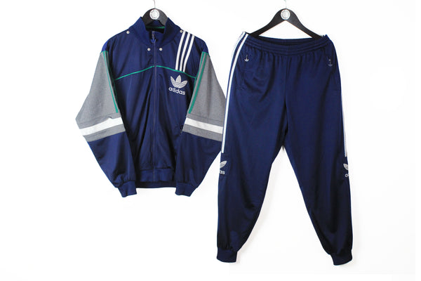 Vintage Adidas Tracksuit Medium jacket and pants navy blue big logo 90s retro style sport suit athletic wear