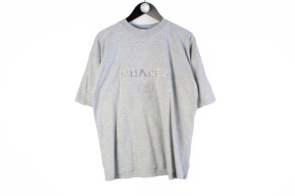 Vintage Chanel Bootleg T-Shirt Large big embroidery logo gray 90s shirt