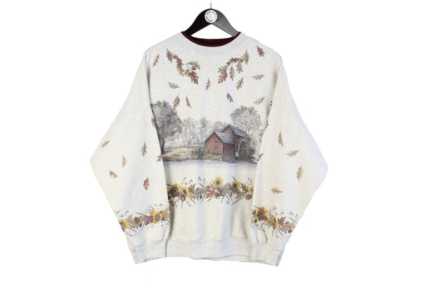 Vintage Sweatshirt Large size men's large pattern nature leafs village beige pullover retro style 90's 80's clothing crew neck sport sthletic jumper street wear old school outfit
