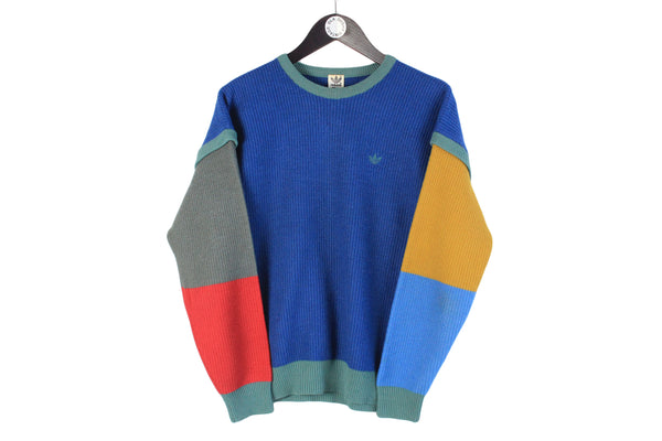 Vintage Adidas Sweater Small / Medium size men's unisex oversize bright knitted wear blue multicolor crew neck 90's 80's sport authentic athletic sweat old school rare jumper streetstyle classic basic colorfull made in Austria