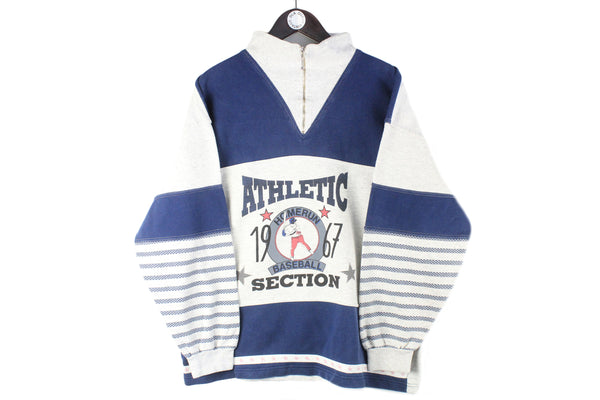 Vintage USA Baseball Sweatshirt 1/4 Zip Medium gray blue 90s retro Athletic Section Homerun Baseball jumper