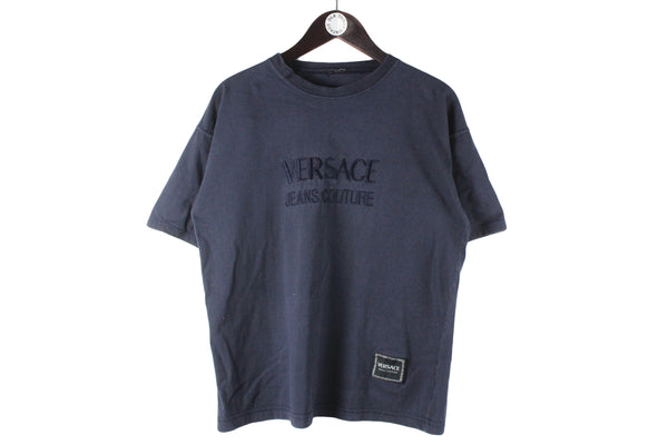Vintage Versace T-Shirt Small size men's big front logo luxury cotton top navy blue tee short sleeve 90's brand