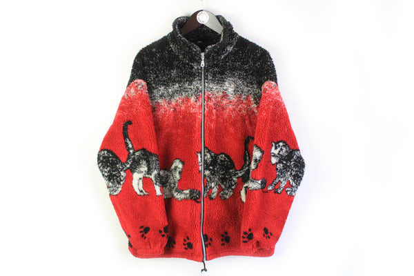 Vintage Fleece Full Zip Large cats logo 90s animal lover print retro sweater