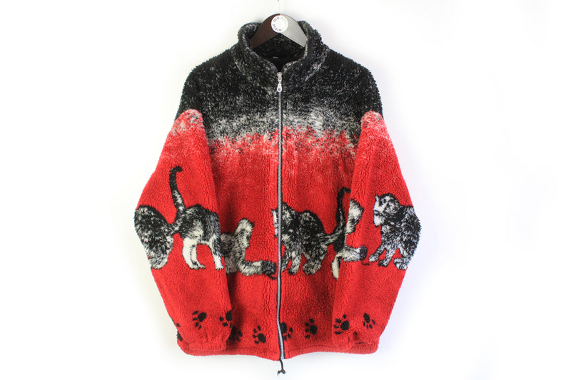 Vintage Fleece Full Zip Large cats logo 90s animal lover print retro sweater