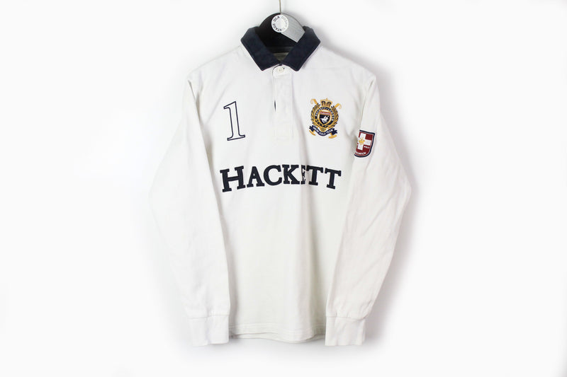 Hackett Klosters Snow Polo Rugby Shirt Medium white big logo authentic classic collared sweatshirt long sleeve t-shirt