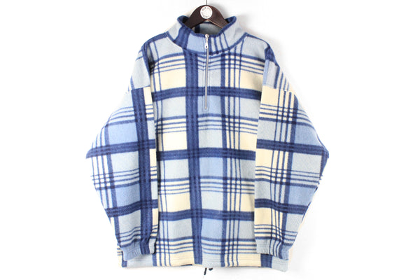 Vintage Fleece 1/4 Zip XLarge blue plaid pattern 90s retro sport ski winter jumper sweater