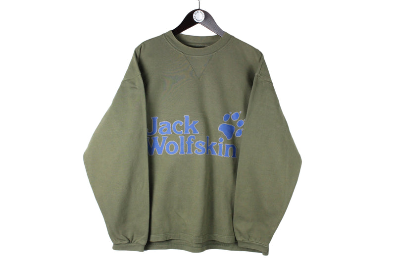 Vintage Jack Wolfskin Sweatshirt XLarge green military color 90s big logo crewneck outdoor jumper