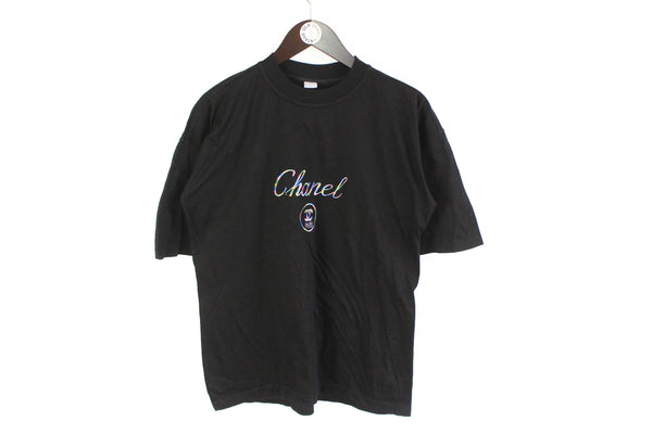 Vintage Chanel Bootleg Big Embroidery Logo Medium / Large black multicolor 90s logo cotton retro style
