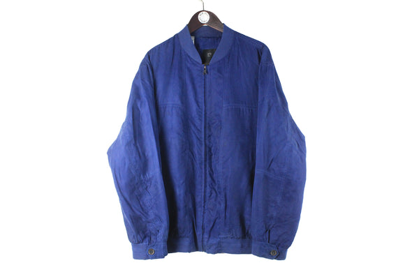 Vintage Pierre Cardin Jacket XLarge silk bomber 90s retro luxury style blue full zip light wear 