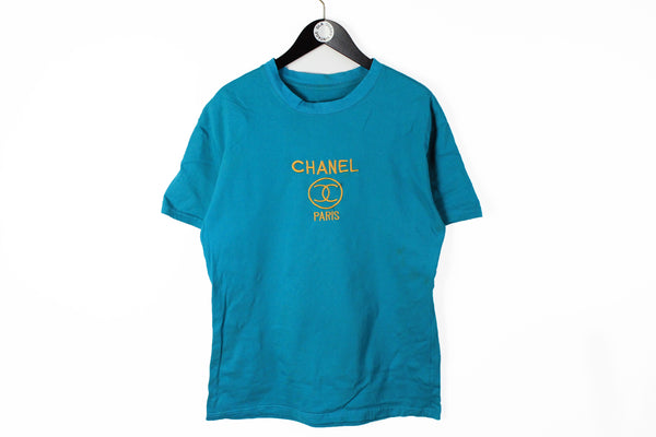 Vintage Chanel Bootleg Embroidery Logo T-Shirt Large blue 90s retro style wear