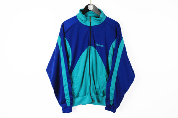 Vintage Reebok Track Jacket XLarge blue green 90s big logo made in Hong Kong sport windbreaker