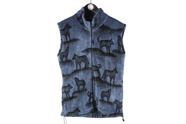 Vintage Fleece Vest Women’s Medium size full zip blue warm sleevless jacket animal pattern 90's streetwear  wolf sweater