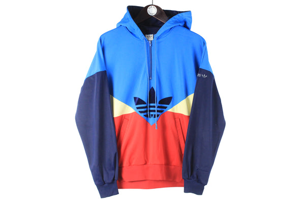 Vintage Adidas Hoodie Small made in Austria 80s retro hooded jumper multicolor big logo blue red sport style classic polyester pullover hooded sweatshirt