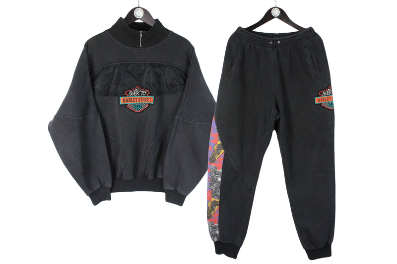Vintage Adidas Take Off Tracksuit Medium size men's Harley Street black basic cotton pullover and track pants big logo rare retro authentic athletic outfit 90's 80's clothing USA style  sweatshirt and sweatpants davidson