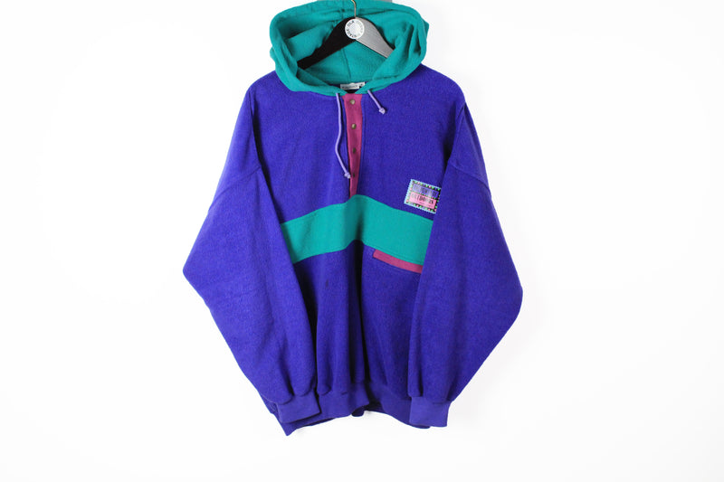 Vintage Fleece Hoodie XLarge multicolor blue green 90s sport streetwear sweater 
