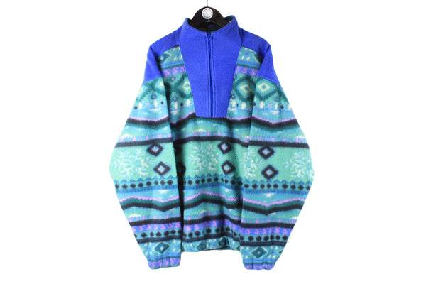 Vintage Fleece 1/4 Zip XXLarge blue green 90s retro sport style outdoor abstract crazy pattern sweater ski wear