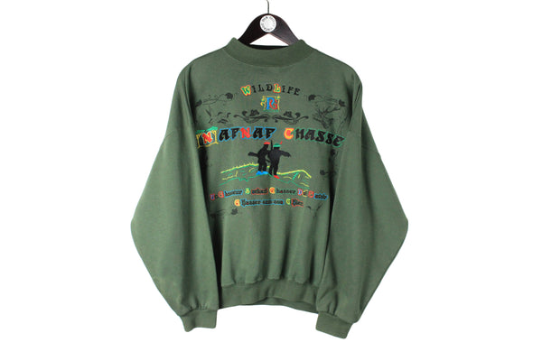 Vintage Naf Naf Sweatshirt Small Oversize big logo multicolor 90s human pattern wild life chasse authentic retro crewneck