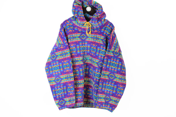 Vintage Fleece Hoodie Large multicolor purple 90s sport retro style oversize cozy sweater