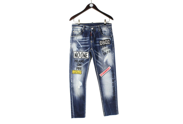 Dsquared2 Jeans 48 blue authentic streetwear made in Italy patch logo no one milano on fire it's all in your head punk sleeping drunk too young to be sad denim pants