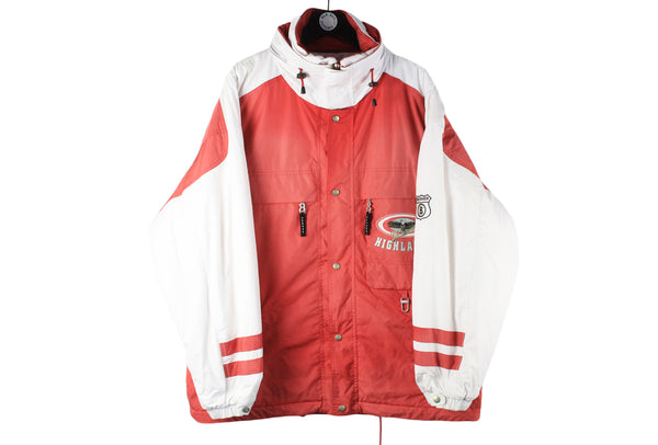 "Bogner ski jacket," "eagle logo," "performance," "fashion," "premium ski wear," and "winter adventure" ski style 90s vintage jacket XLarge red white eagle logo Highland