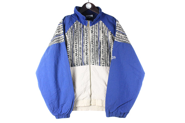 Vintage Reebok Track Jacket Large blue white 90s retro full zip sport style windbreaker