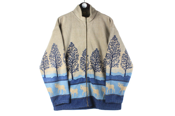 Vintage Fleece Full Zip Large nature pattern deer 90s winter cozy animal print sweater