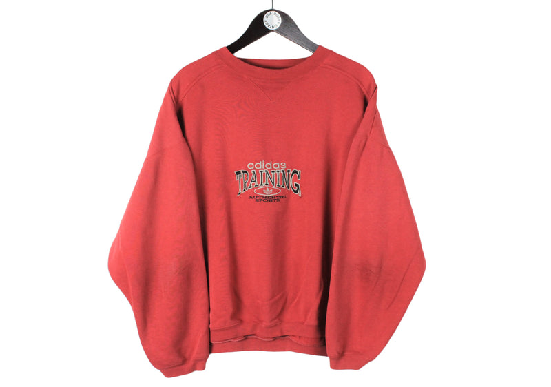 Vintage Adidas Sweatshirt Medium Oversize men's red bright big logo training retro 90's 80's style pullover rare jumper long sleeve sport sweat authentic athletic style clothing