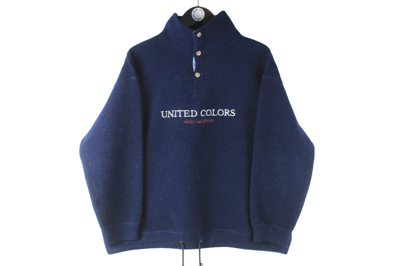 Vintage United Colors of Benetton Fleece Women’s Small / Medium big logo navy blue 90s retro sport style ski wear cozy sweater jumper