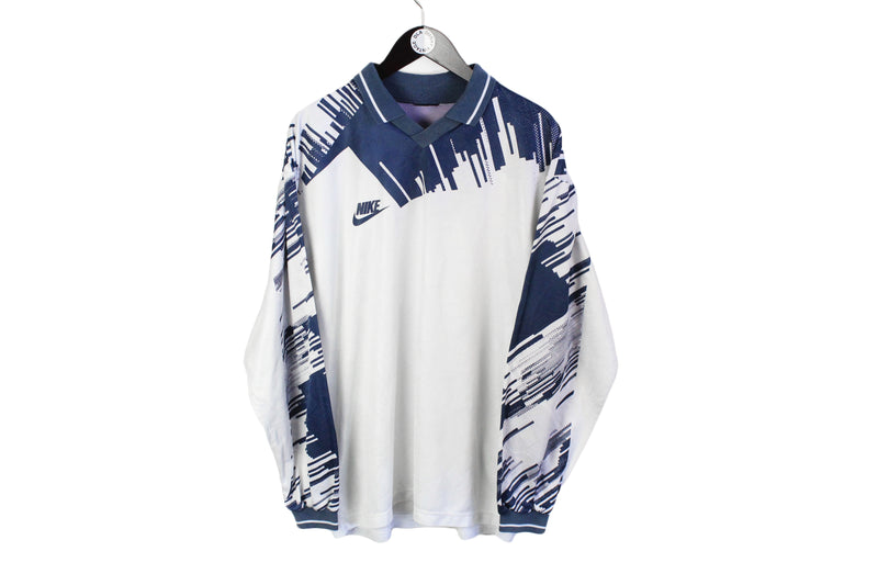 Vintage Nike Long Sleeve Jersey T-Shirt XLarge white blue 90's sport style collared sweatshirt polyester