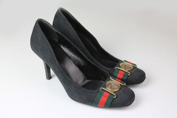 Gucci Heels Shoes black monogram retro style 