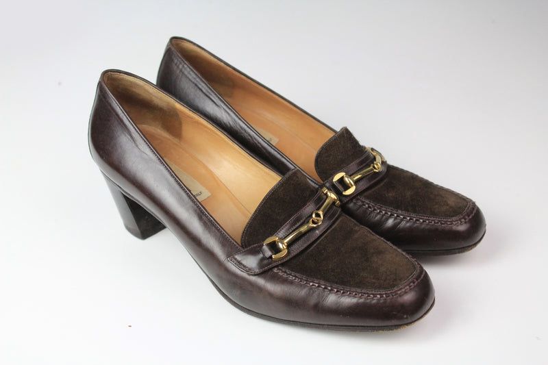 Vintage Celine Shoes Women's 37 1/2 brown 80s retro style small heel shoes suede