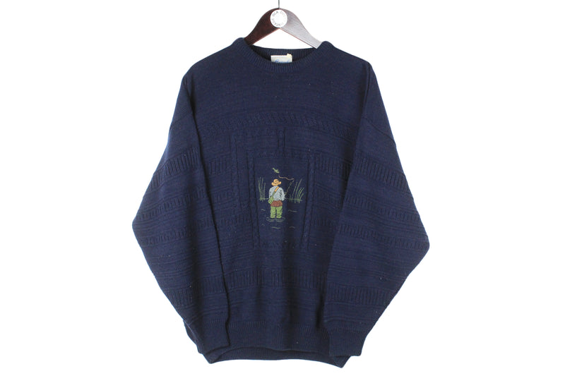 Vintage Fishing Sweater Medium navy blue embroidery logo retro 90s classic jumper