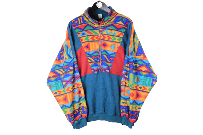 Vintage Fleece 1/4 Zip XLarge blue multicolor abstract pattern 90s retro sport jumper ski sweater