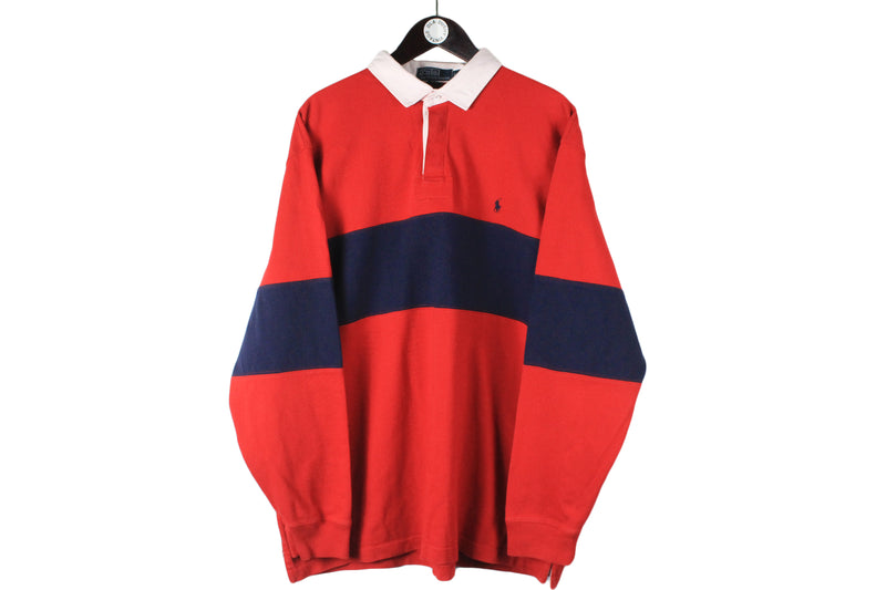 Vintage Ralph Lauren Rugby Shirt XXLarge size men's oversize collared long sleeve retro 90's style outfit casual brand streetwear big logo basic red bright pullover