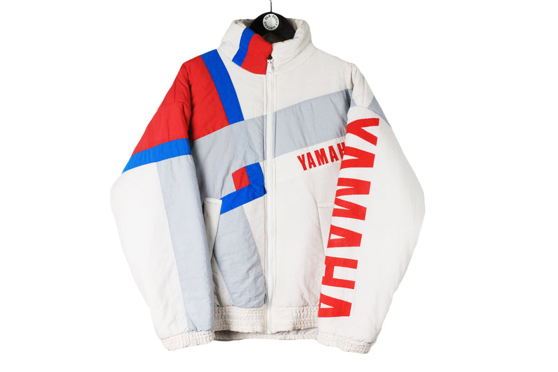 Vintage Yamaha Jacket Large size men's race style bright multicolor winter puffer big logo made in England retro coat 80's 90's style full zip warm moto car style outdoor streetstyle