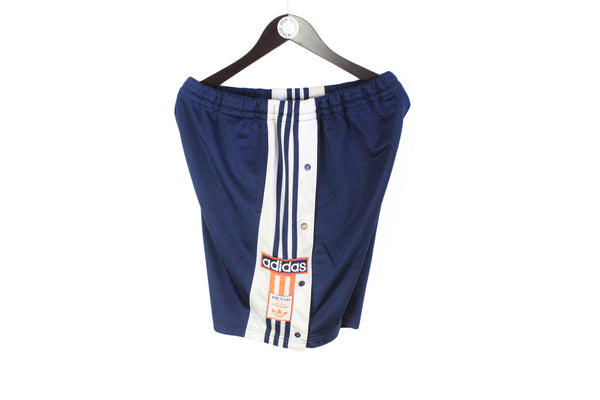Vintage Adidas Shorts Large Snap Buttons 90's sport style hype navy blue orange big logo above the knee hip hop style